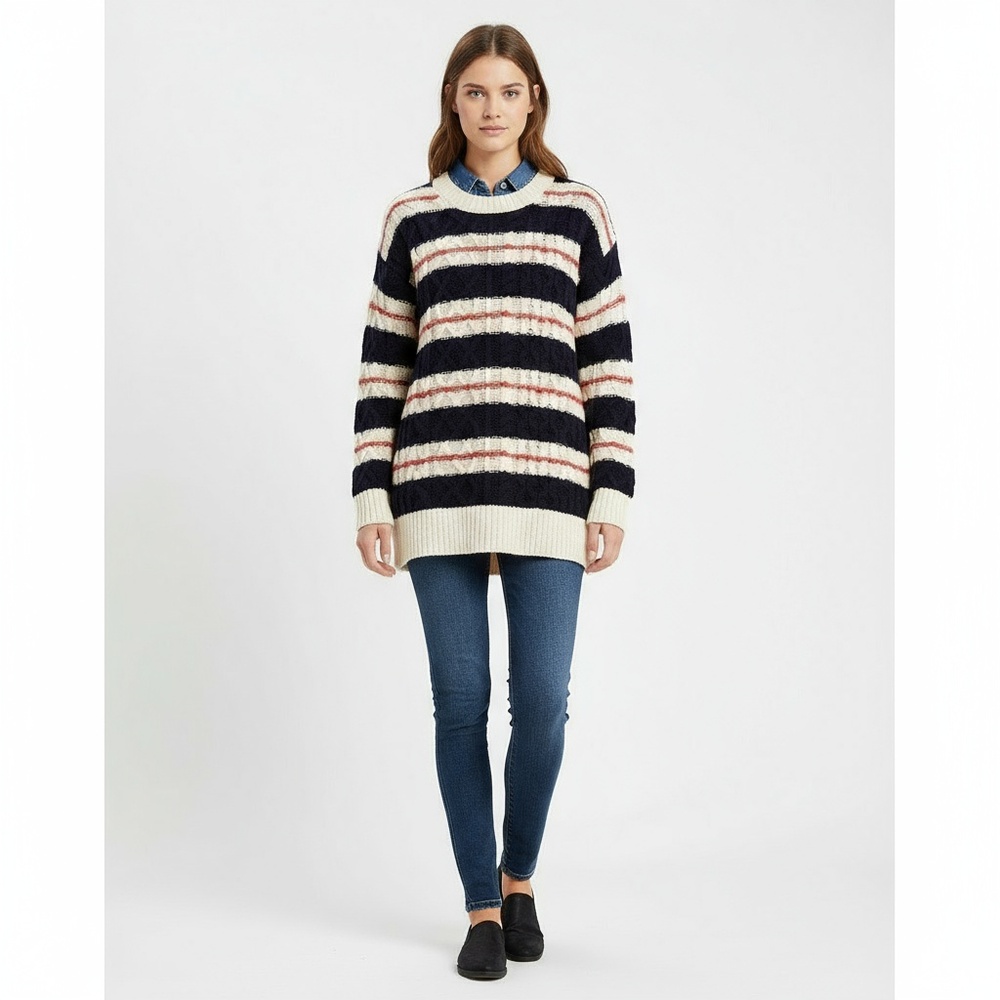 J.Crew Oversized Cozy Tunic Pullover Sweater Striped Cable Knit Crew Neck